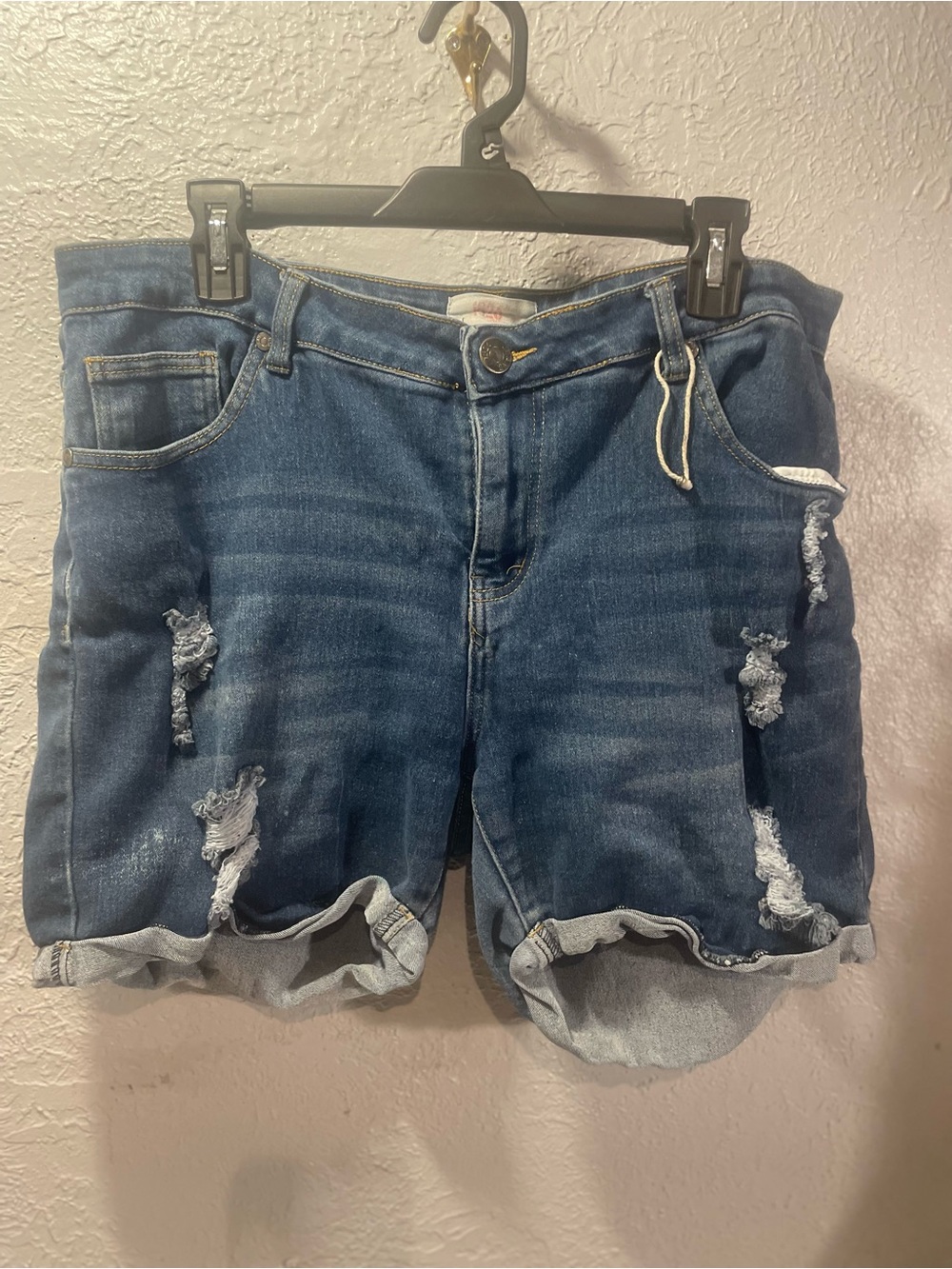 Women's Distressed Mid-Rise Dark Blue Denim Roll-Cuff Shorts